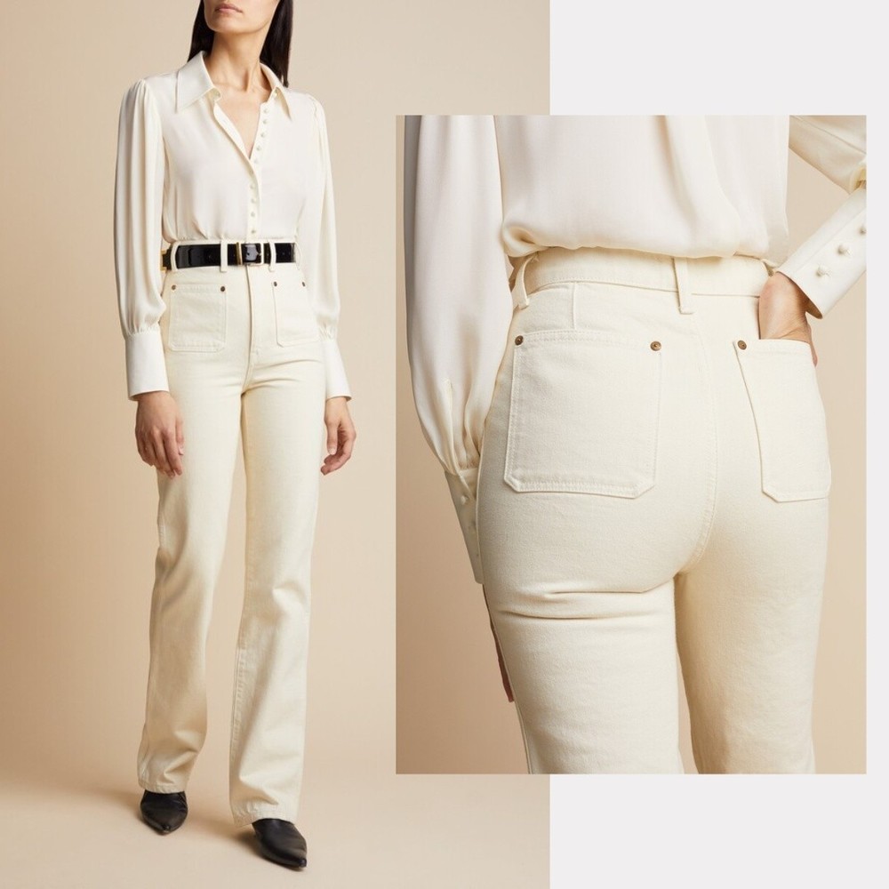 Khaite | Isabella High Rise Straight Leg Jeans Ivory Off White Patch Pockets 27